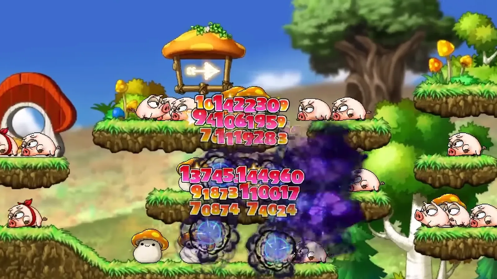 Official MapleStory : Idle RPG launch-trailer footage: a dark-magic burst hits a hunting ground full of pigs, stacking huge damage numbers