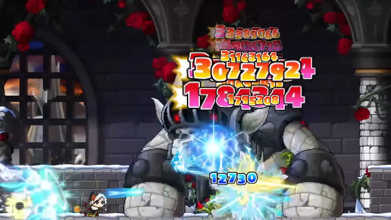 Official MapleStory : Idle RPG launch-trailer footage: a hero hits an armored stone golem boss with a blue energy blast as damage numbers stack up
