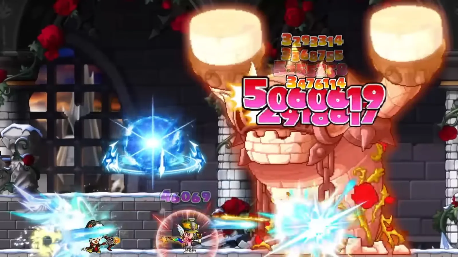Official MapleStory : Idle RPG launch-trailer footage from Nexon: two heroes blast a giant boss with raised fists as multi-million damage numbers stack up