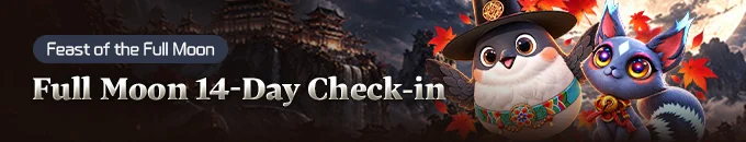 Official MIR4 Full Moon Feast banner — Full Moon 14-Day Check-in with feast mascots under the moon