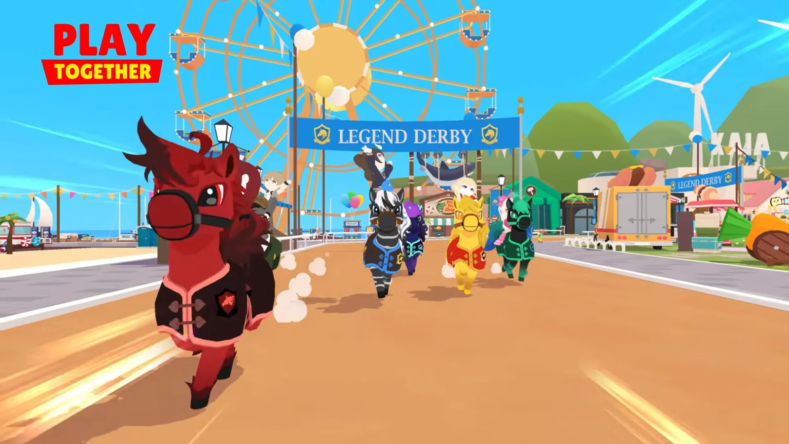 Official Play Together footage from HAEGIN's Legend Derby event preview: avatars race horses down a seaside track toward a Ferris wheel