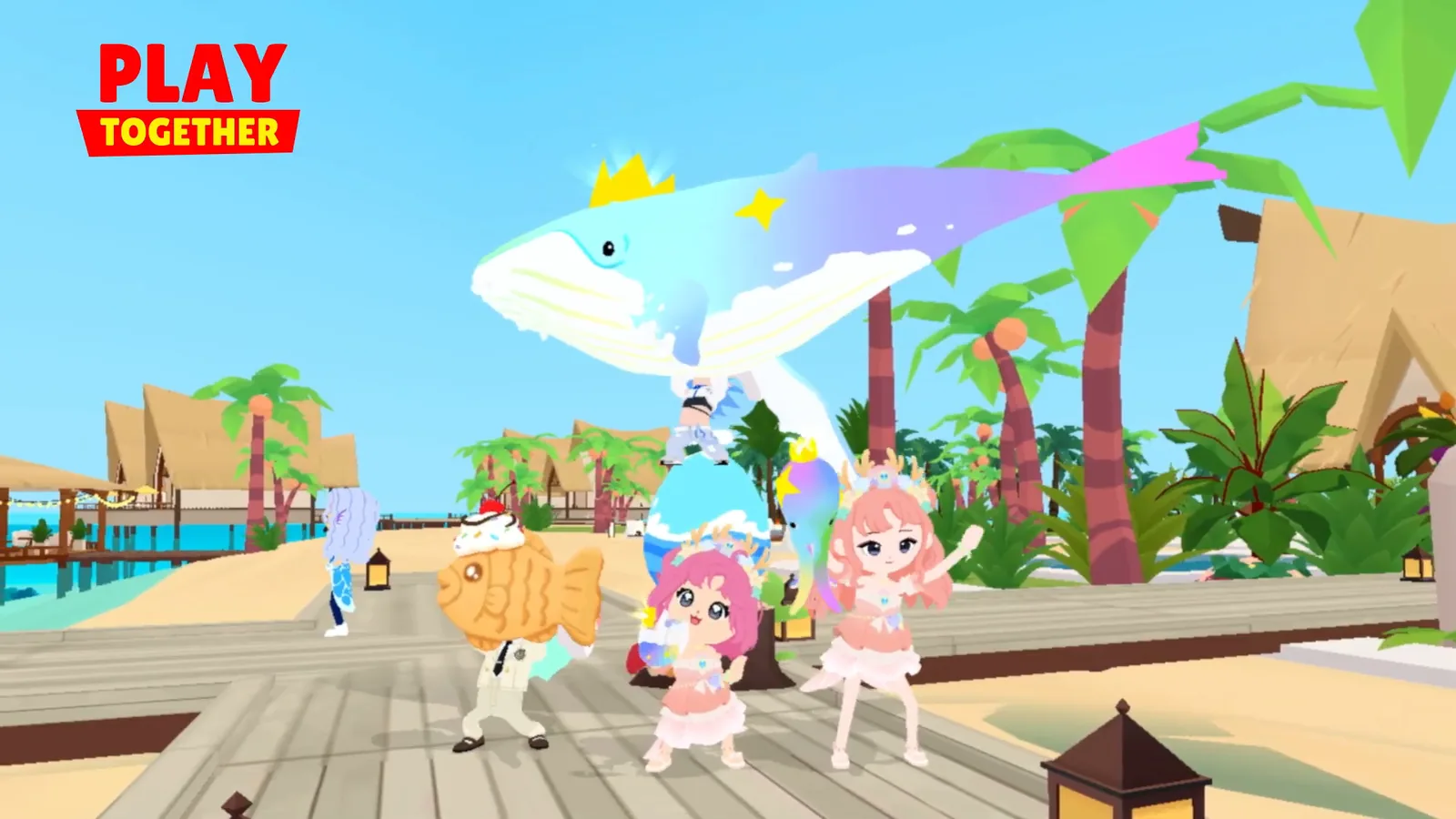 Official Play Together footage from HAEGIN's colorful fish update preview: friends cheer on a beach pier as one holds a giant rainbow whale overhead