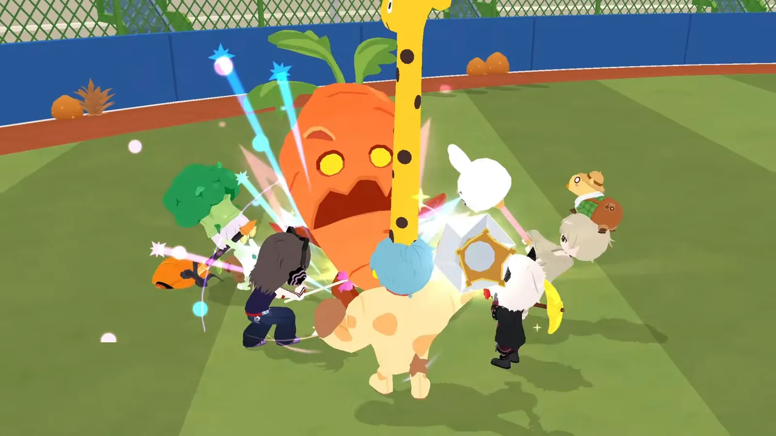 Official Play Together footage from HAEGIN's Giant Veggie Event video: a crowd of avatars swinging hammers and wands at a towering, furious carrot