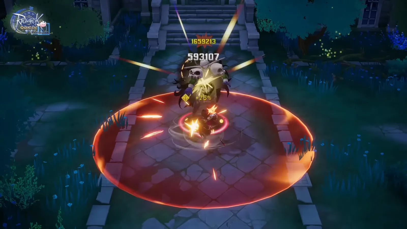 Official Ragnarok Origin Classic footage: a boss fight with a ring of fire and huge critical-damage numbers