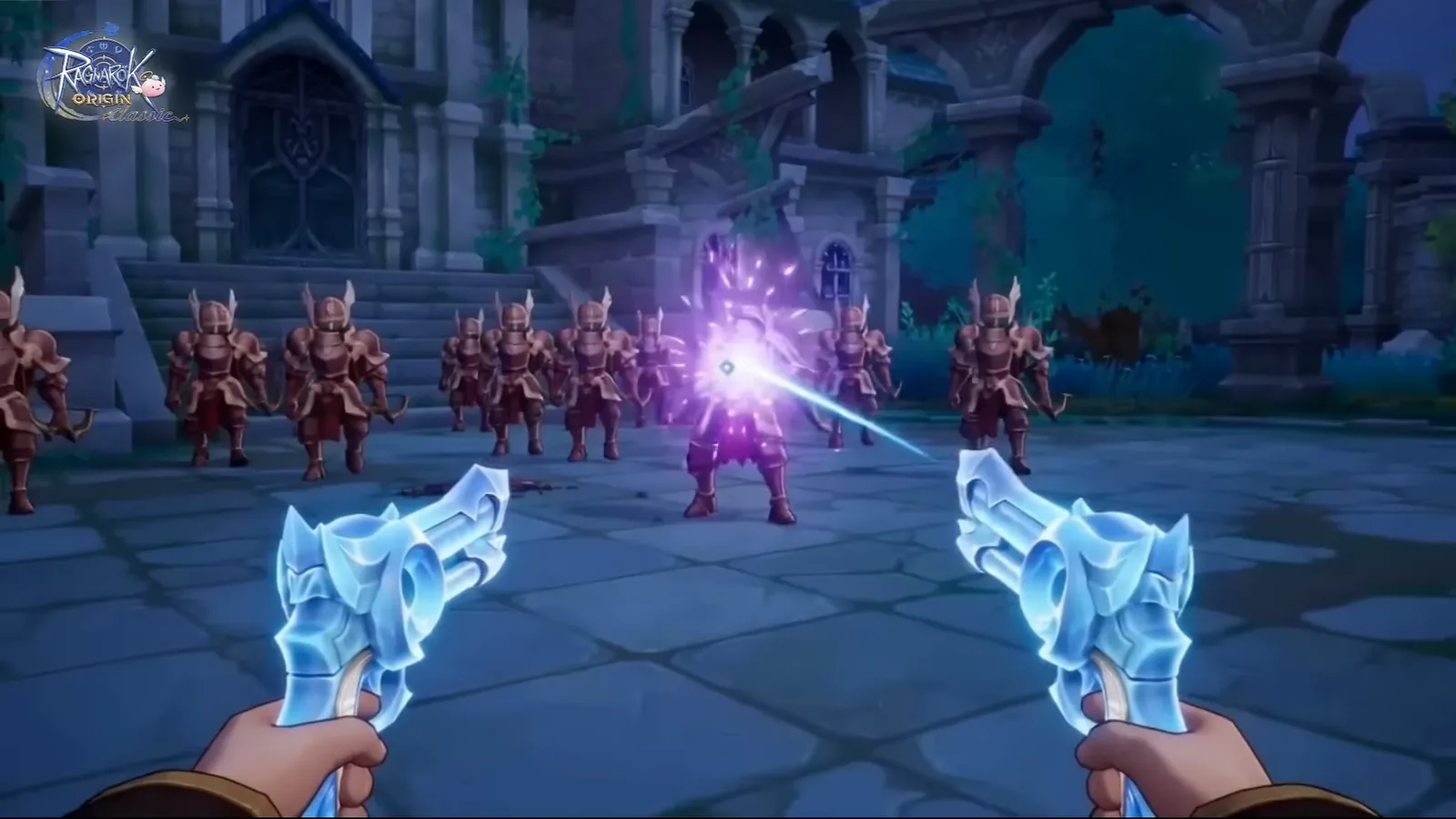 Official Ragnarok Origin Classic Gunslinger showcase: dual pistols aimed at a squad of demon soldiers