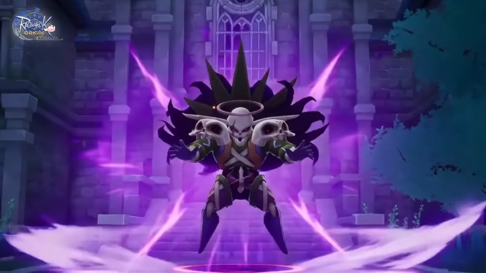 Official Ragnarok Origin Classic footage from Gravity's Gunslinger showcase: a skull-faced boss erupting in purple dark energy