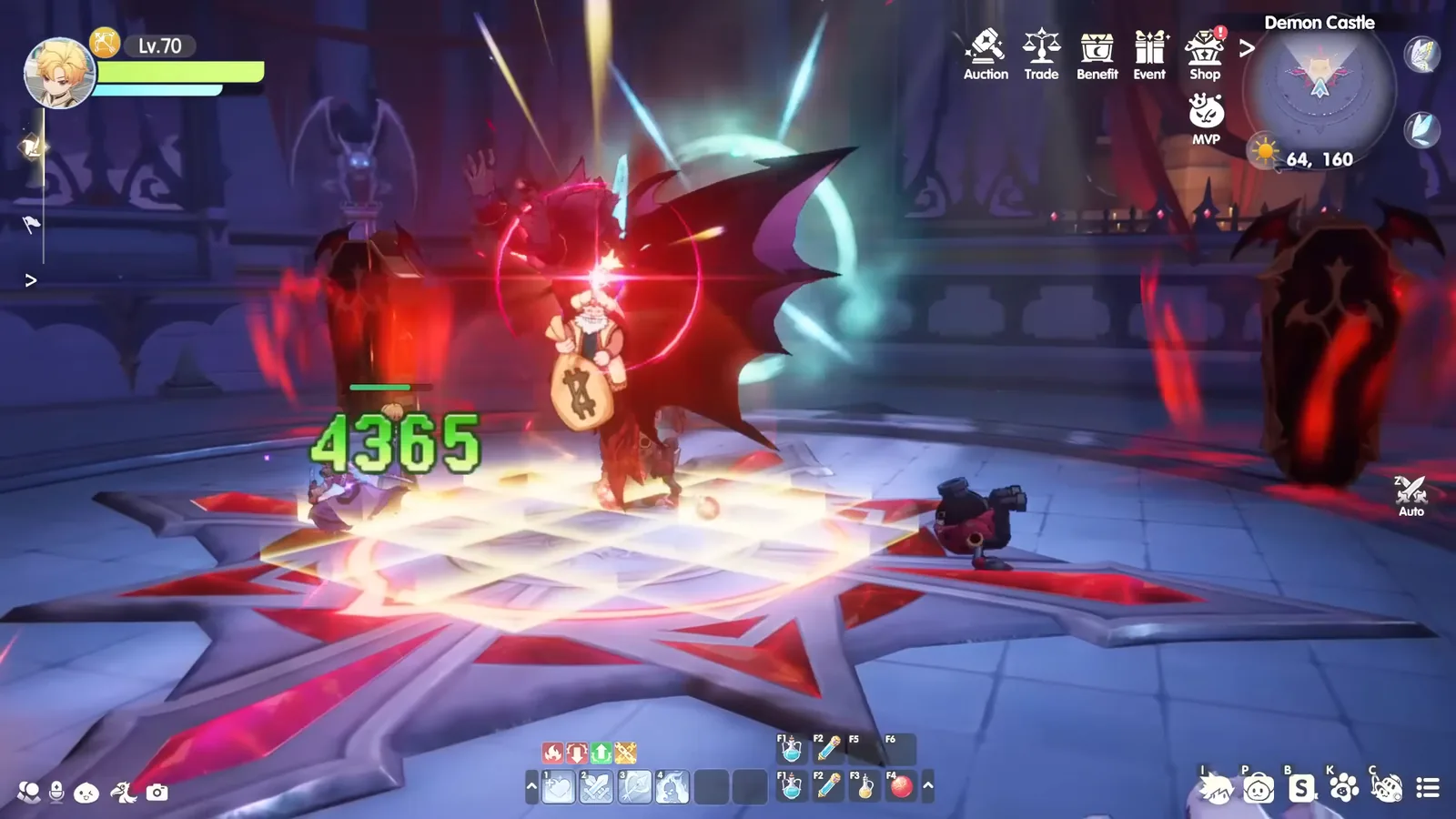 Official Ragnarok: The New World gameplay trailer: a party fights a winged boss in Demon Castle, with the Auto button visible on the battle screen