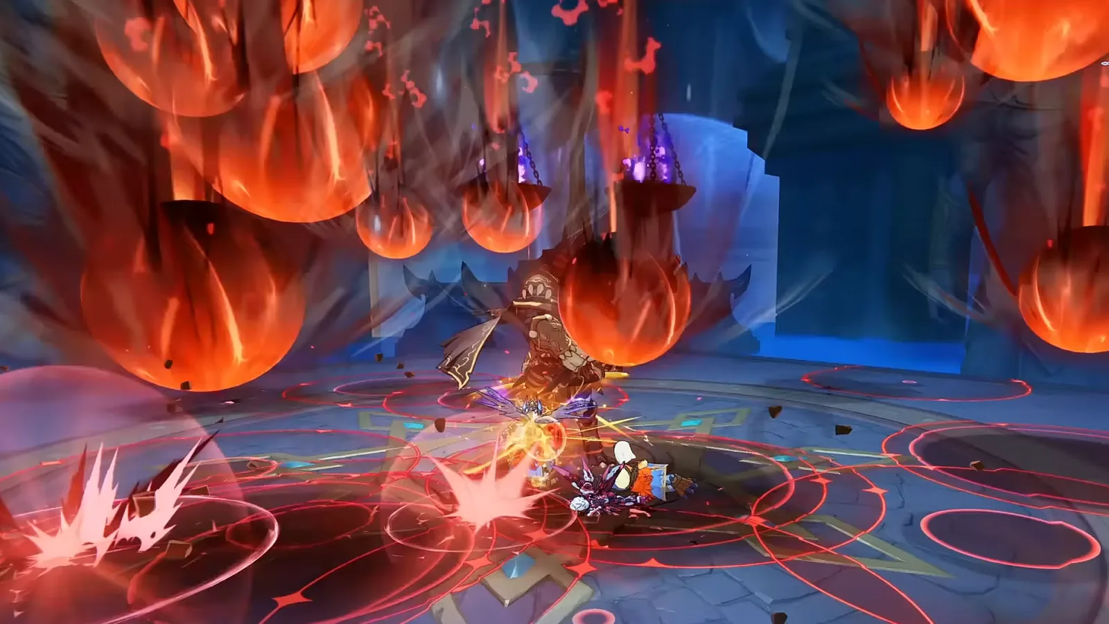Official Ragnarok: The New World Druid showcase: fiery meteors rain down on a raid boss and the party fighting it