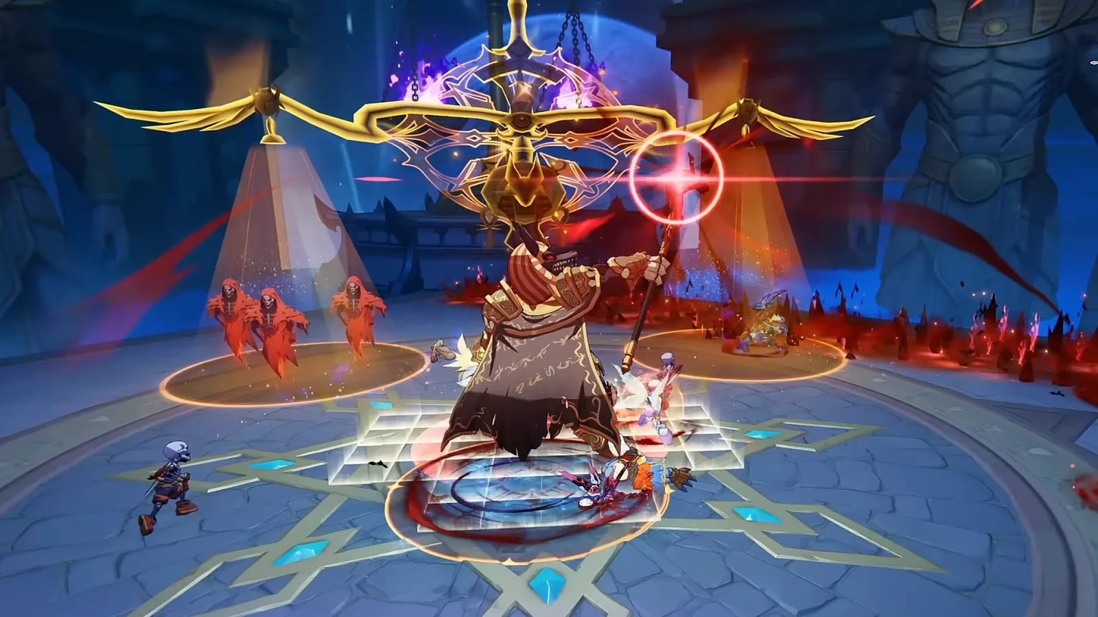 Official Ragnarok: The New World footage from the Druid gameplay showcase: a towering raid boss beneath giant golden scales, with blood-red spikes spreading across the arena