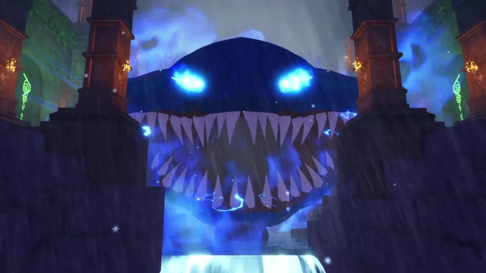 Official Fish It! footage from the Ancient Jungle update video: a giant sea monster with glowing blue eyes bursts out of a temple waterfall
