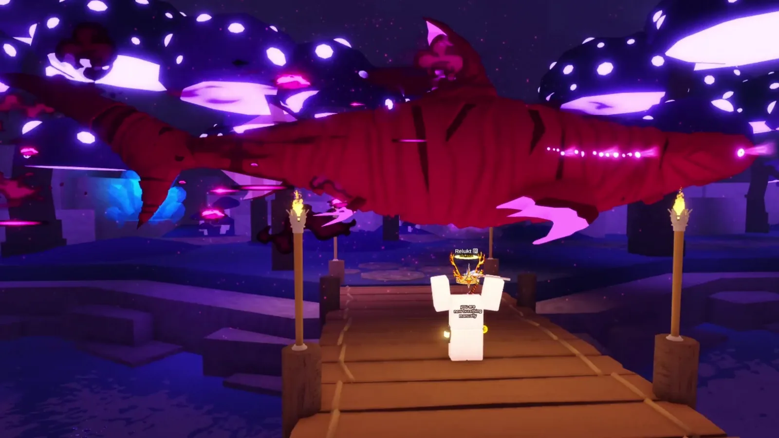 Official Fish It! footage from the Halloween Week 2 update video: a giant crimson fish swims over a player on a torch-lit dock in a glowing mushroom cave