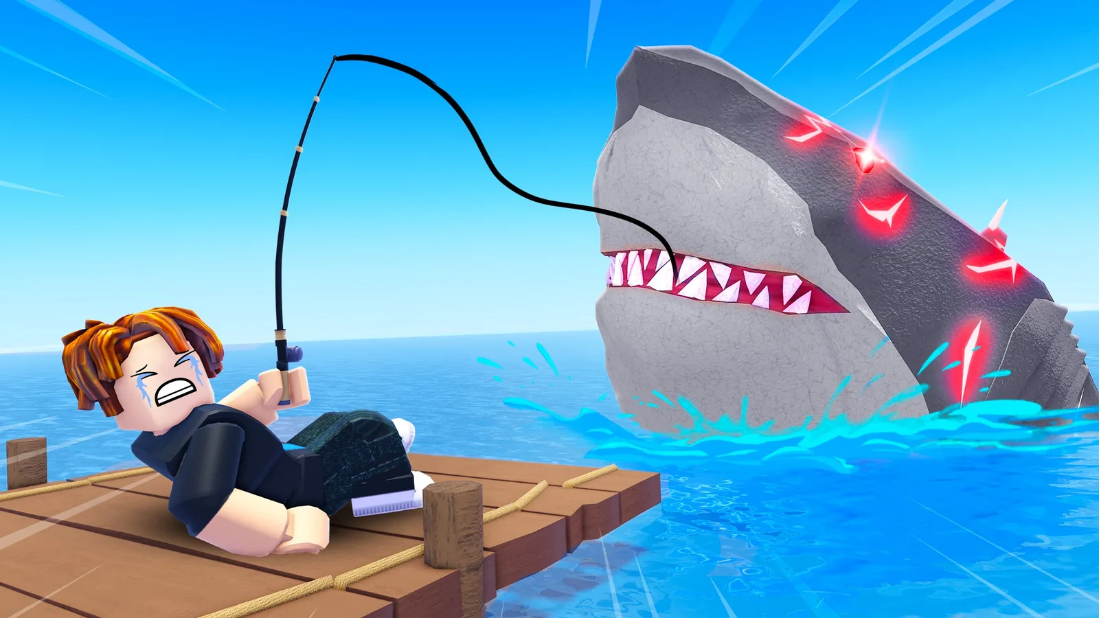 Official Fish It! artwork from the Megalodon Hunt announcement: a Roblox angler on a wooden dock strains against a giant gray Megalodon with glowing red marks