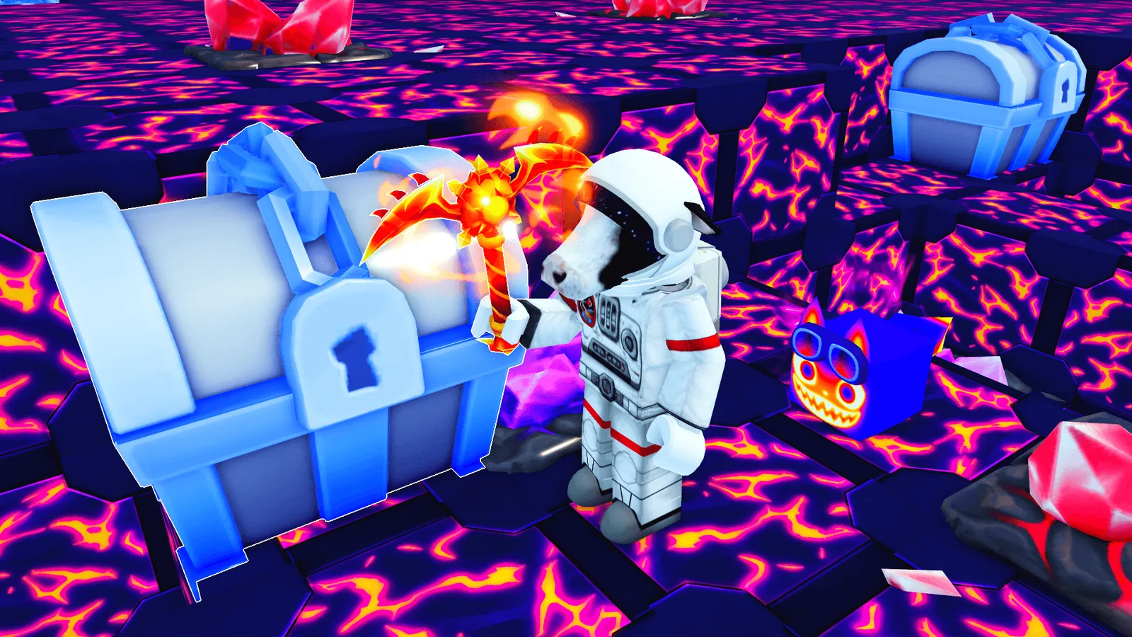 Official Pet Simulator 99 screenshot from BIG Games' Space Forge dev blog: an astronaut avatar swings a flaming pickaxe at a Mining Chest on glowing lava rock