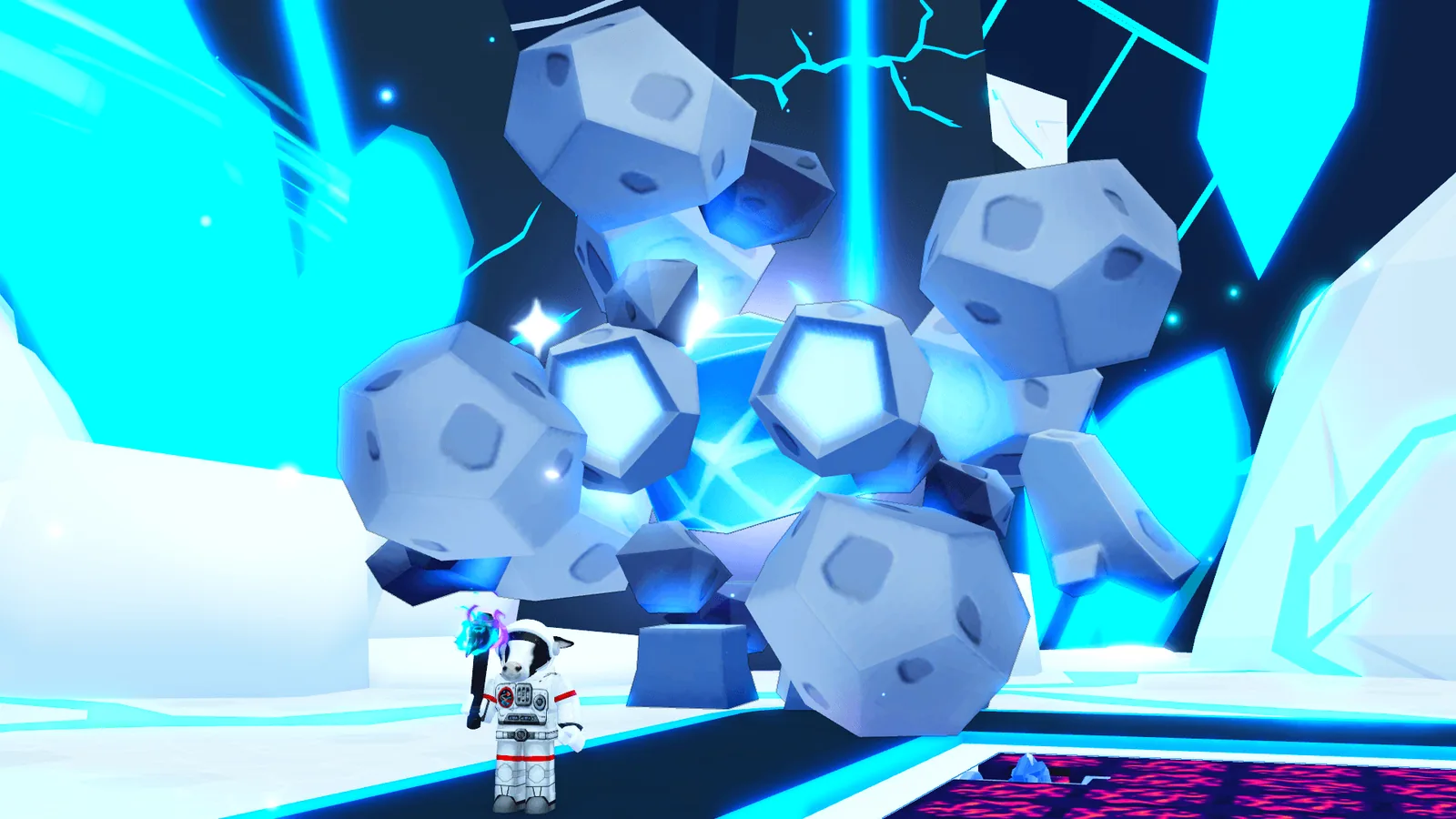 Official Pet Simulator 99 screenshot from BIG Games' Space Forge dev blog: the Gargantuan Moonrock Golem crackling with blue energy in a space mine