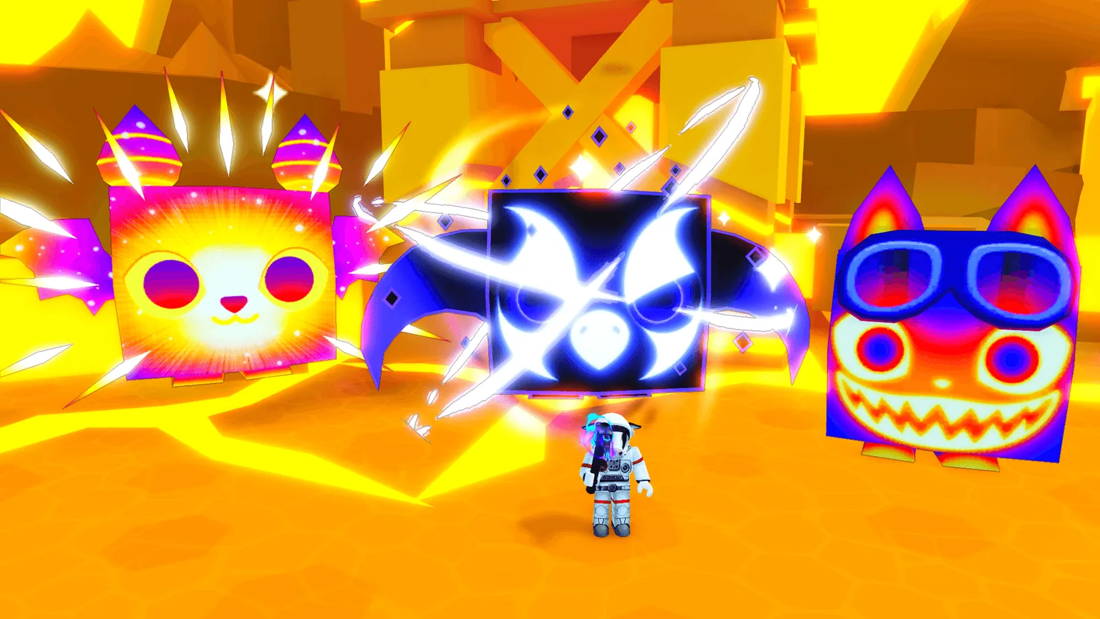 Official Pet Simulator 99 screenshot from BIG Games' Space Forge dev blog: three giant Titanic pets crackling with energy in a molten space mine, with a spacesuited player below