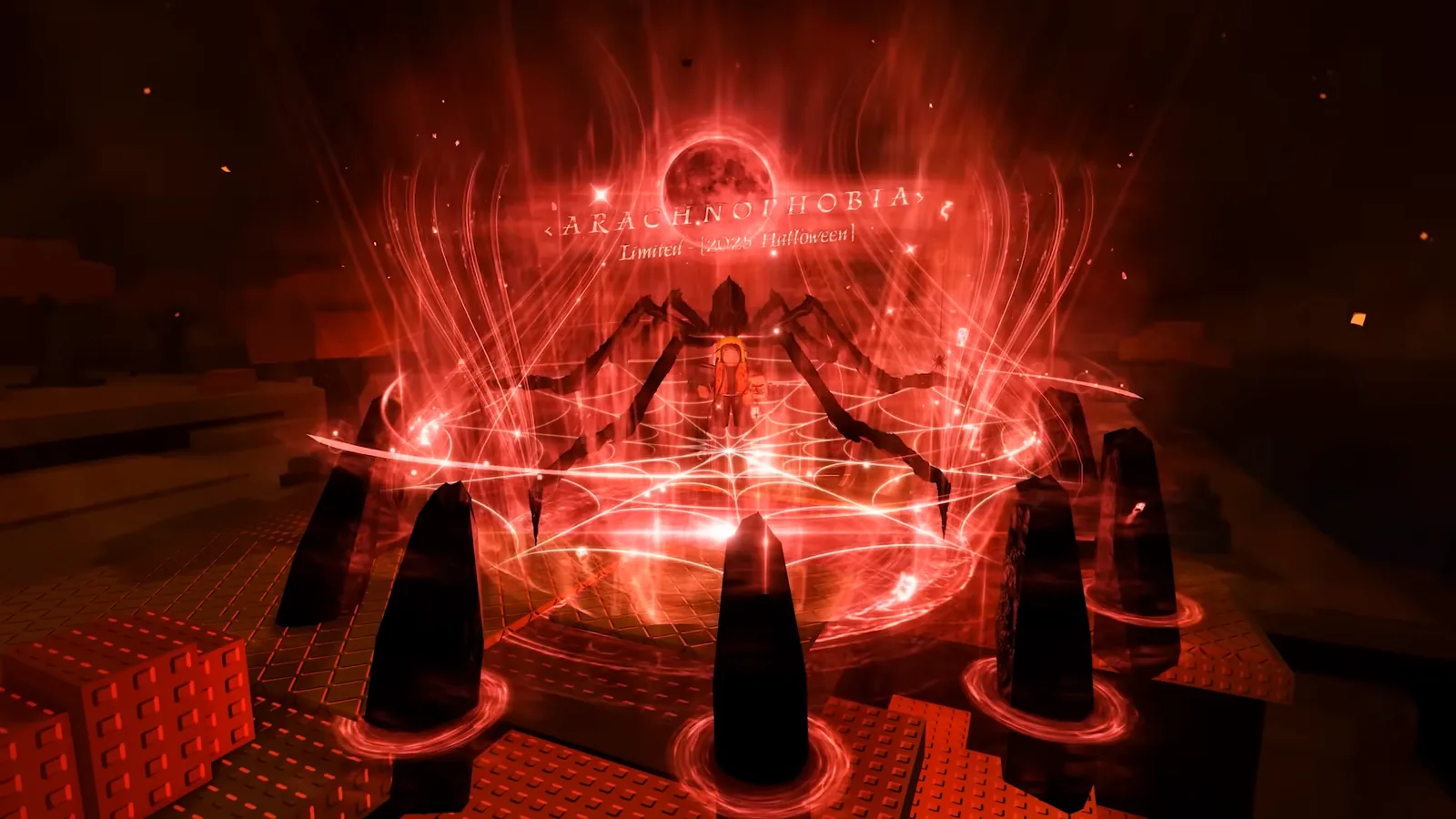 Official Sol's RNG footage from the Halloween update: the limited Arachnophobia aura's cutscene wraps a player in a glowing red spider web