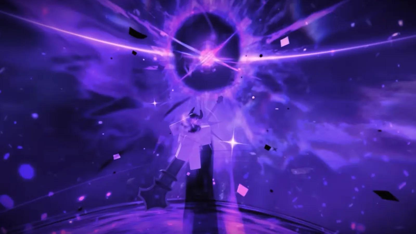 Official Sol's RNG footage from Sol's Studio's OBLIVION aura showcase: a player stands beneath a dark sphere erupting in violet light