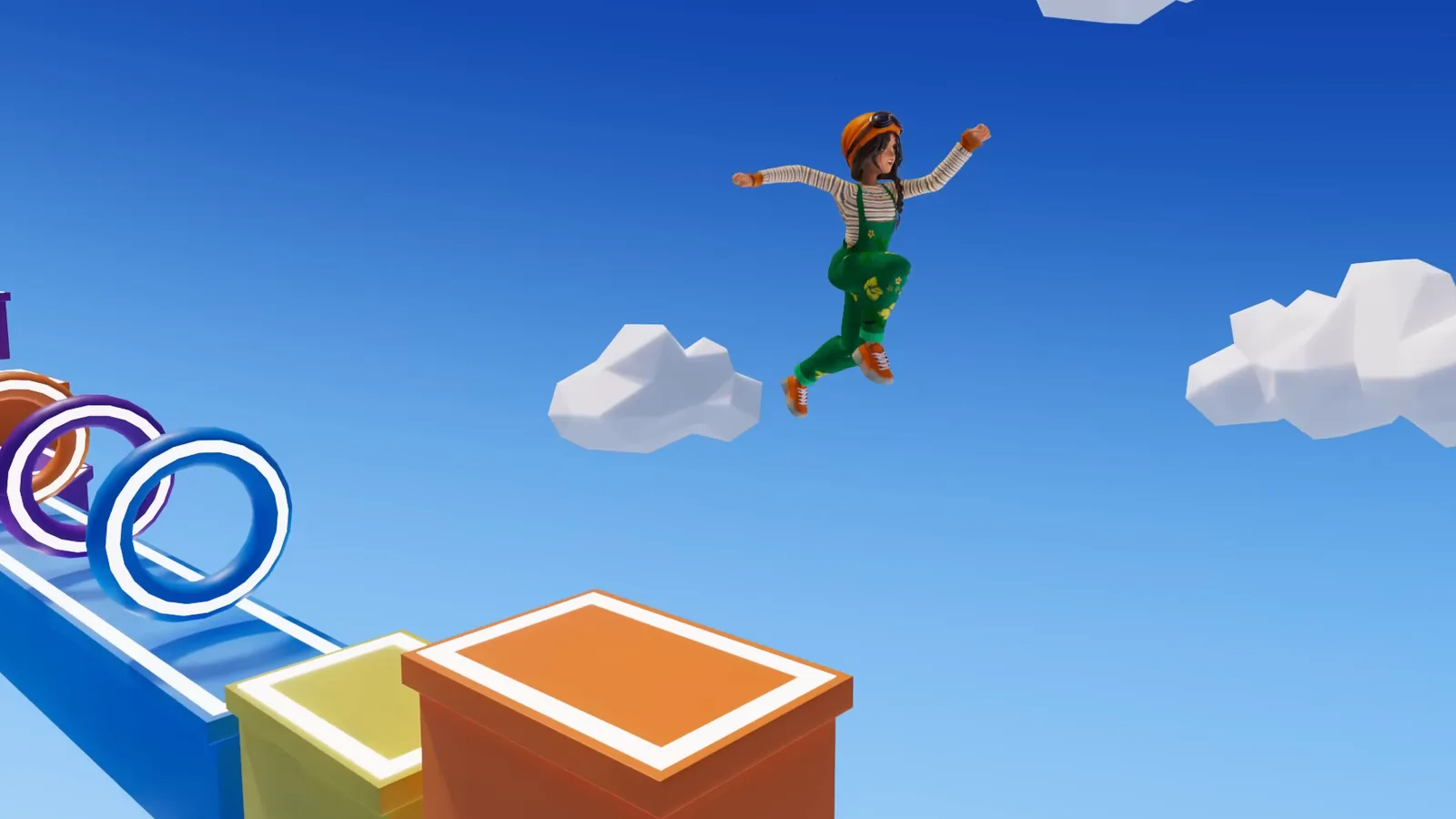 Official Roblox footage from the "Welcome to Roblox" video: an avatar leaping off a colorful obstacle course into open sky