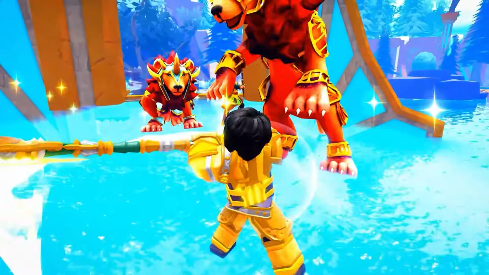 Official Roblox footage from the Dungeon Heroes spotlight: a gold-armored player swinging a spear at armored lion beasts