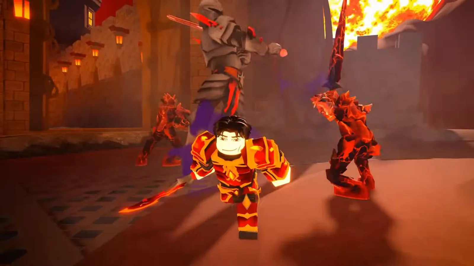 Official Roblox footage from the Dungeon Heroes spotlight: a player in blazing red armor charging through lava monsters with a flaming sword