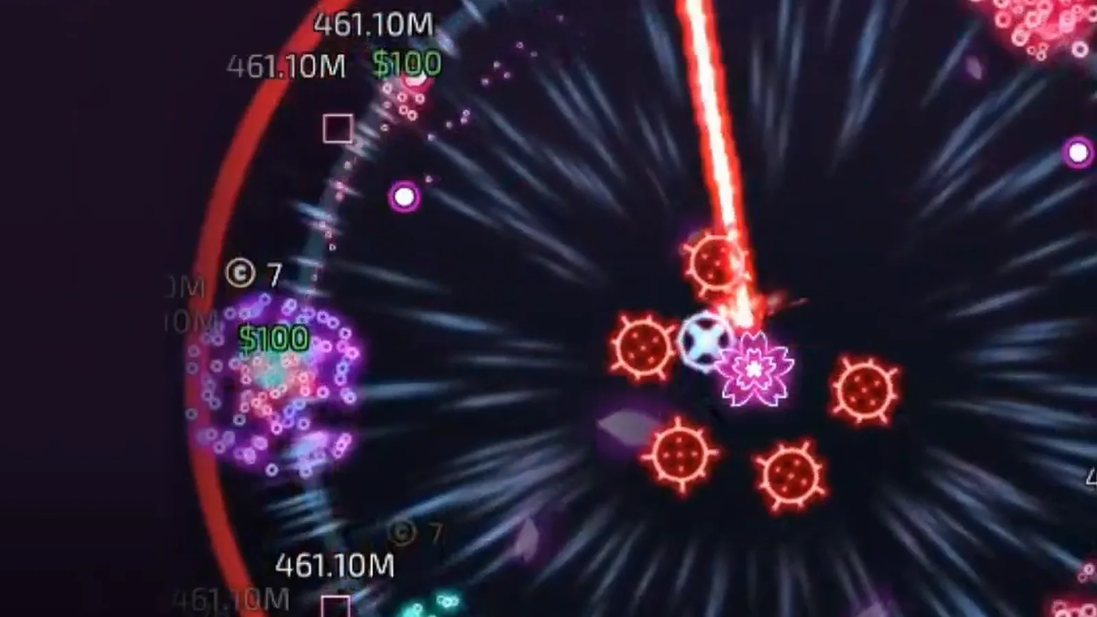 Official The Tower trailer footage: a red laser beam and spiked orbs around the tower at a late wave, with damage numbers in the hundreds of millions