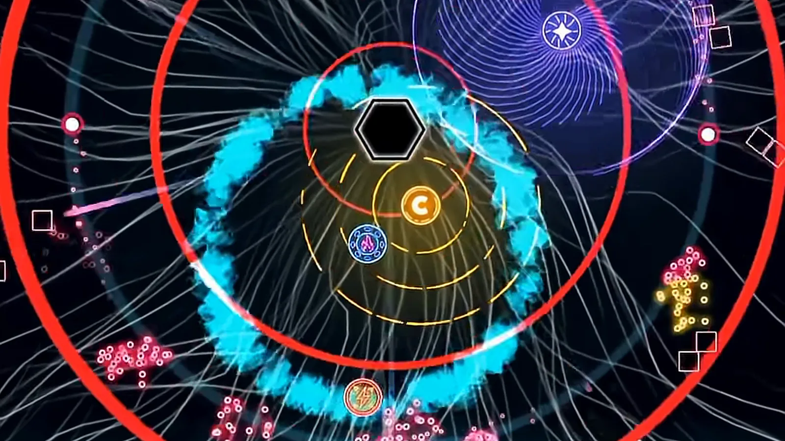 Official The Tower trailer footage: red shockwave rings and a cyan blast ring around the hexagonal tower as enemy swarms close in